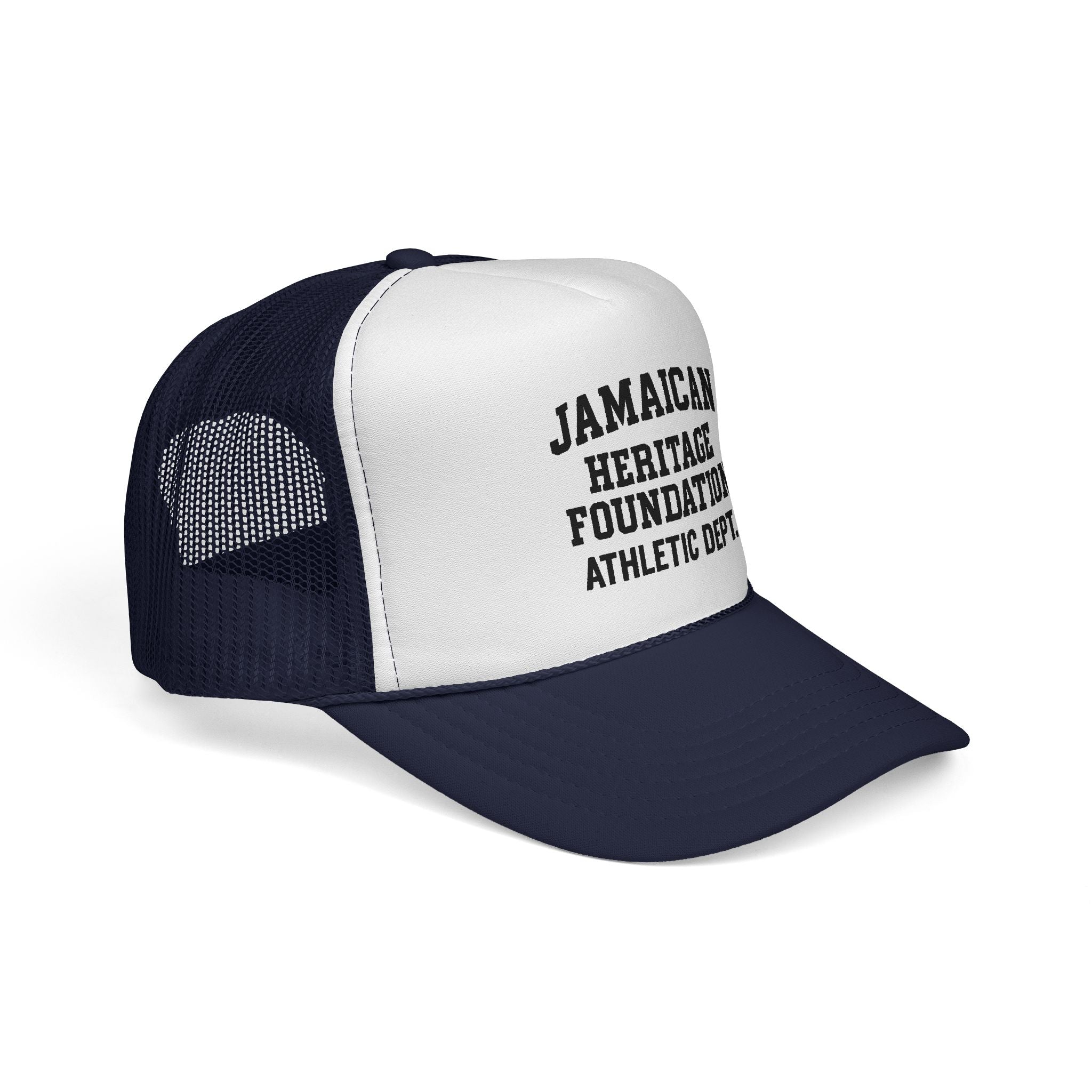 Navy and white cap with 'Jamaican Heritage Foundation Athletic Dept.' text on a white background